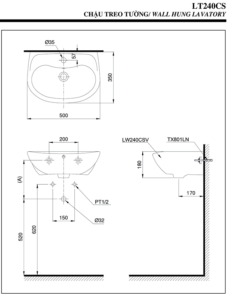 bản vẽ kỹ thuật chậu lavabo rửa mặt TOTO LT240CR