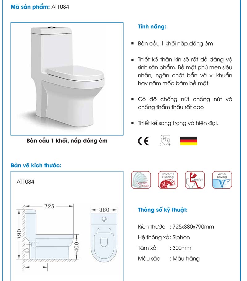 Bồn cầu liền khối cao cấp ATMOR AT1084S
