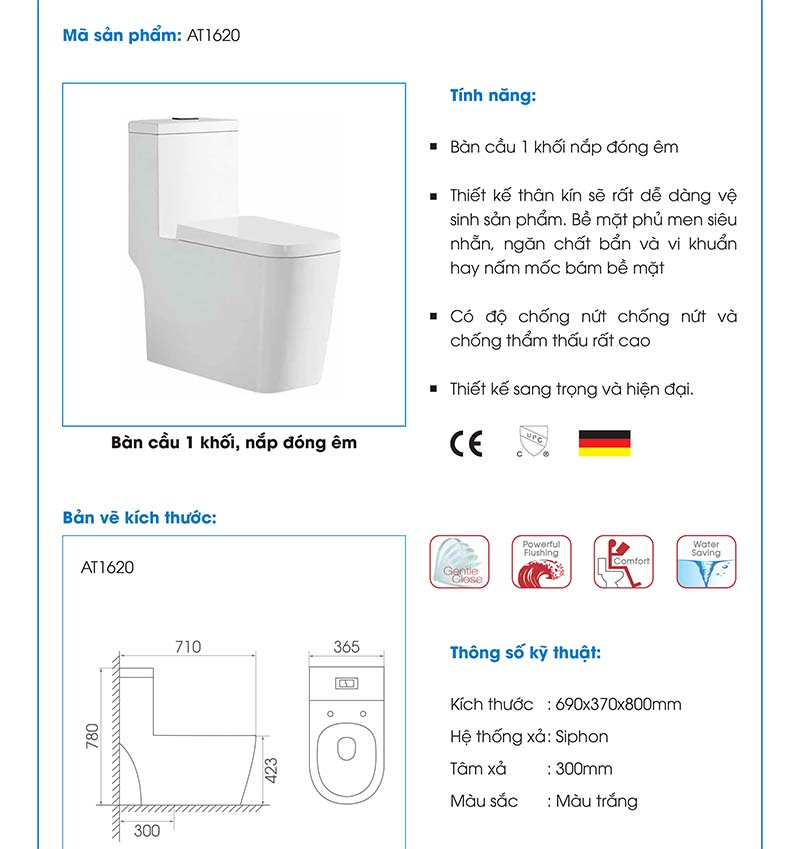 Bàn cầu liền khối nhập khẩu ATMOR AT1620