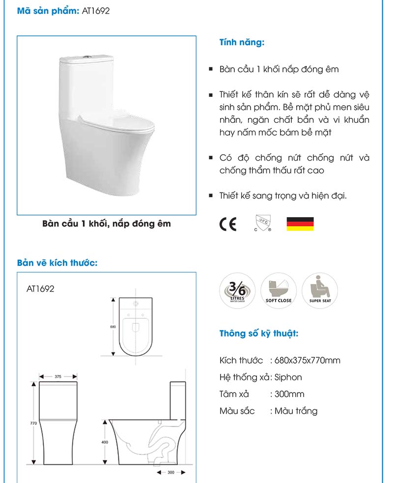 Bồn cầu liền khối 2 nút nhấn ATMOR AT1692