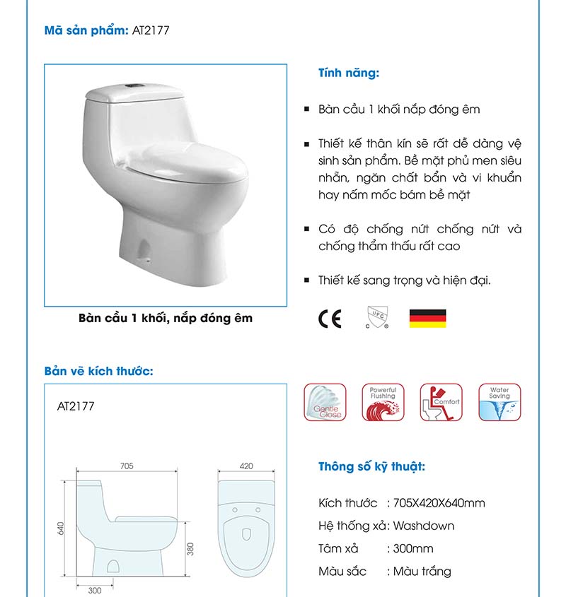 Bồn cầu 1 khối nhập khẩu ATMOR AT2177