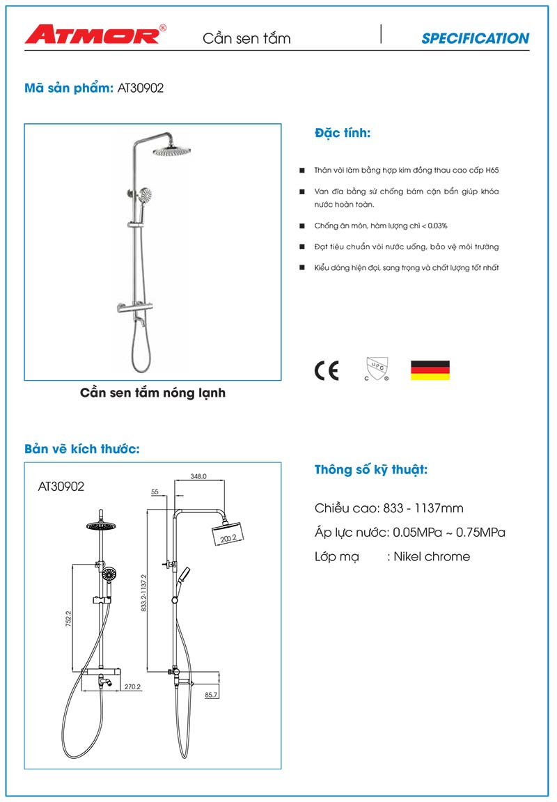Bộ sen tắm đứng nóng lạnh ATMOR AT30902