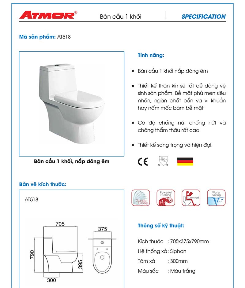 Bàn cầu 1 khối 2 nút nhấn ATMOR AT518
