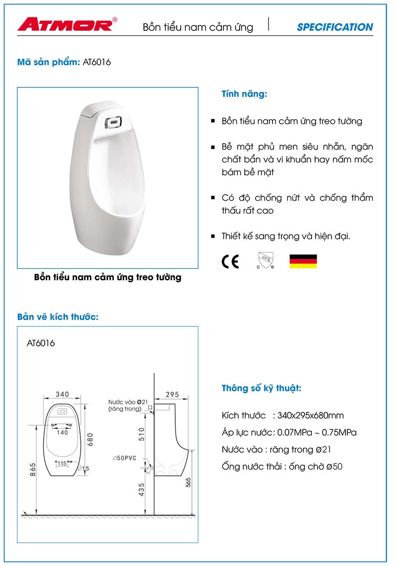 Bồn tiểu nam cảm ứng treo tường ATMOR AT6016