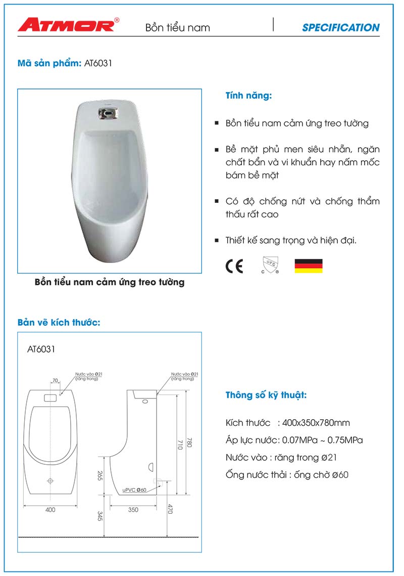 Bồn tiểu nam treo tường cảm ứng ATMOR AT6031