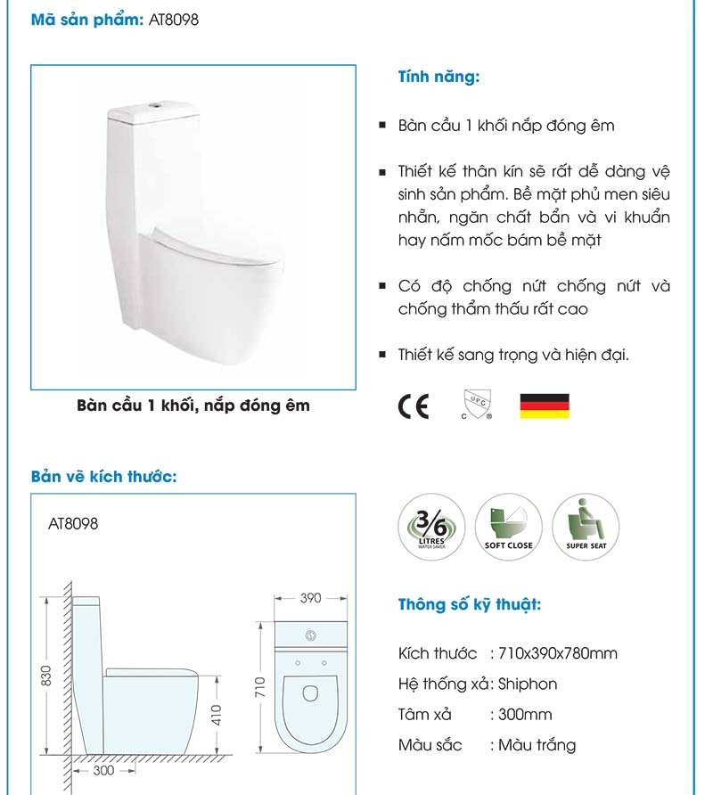 Bồn cầu 1 khối cao cấp ATMOR AT8098