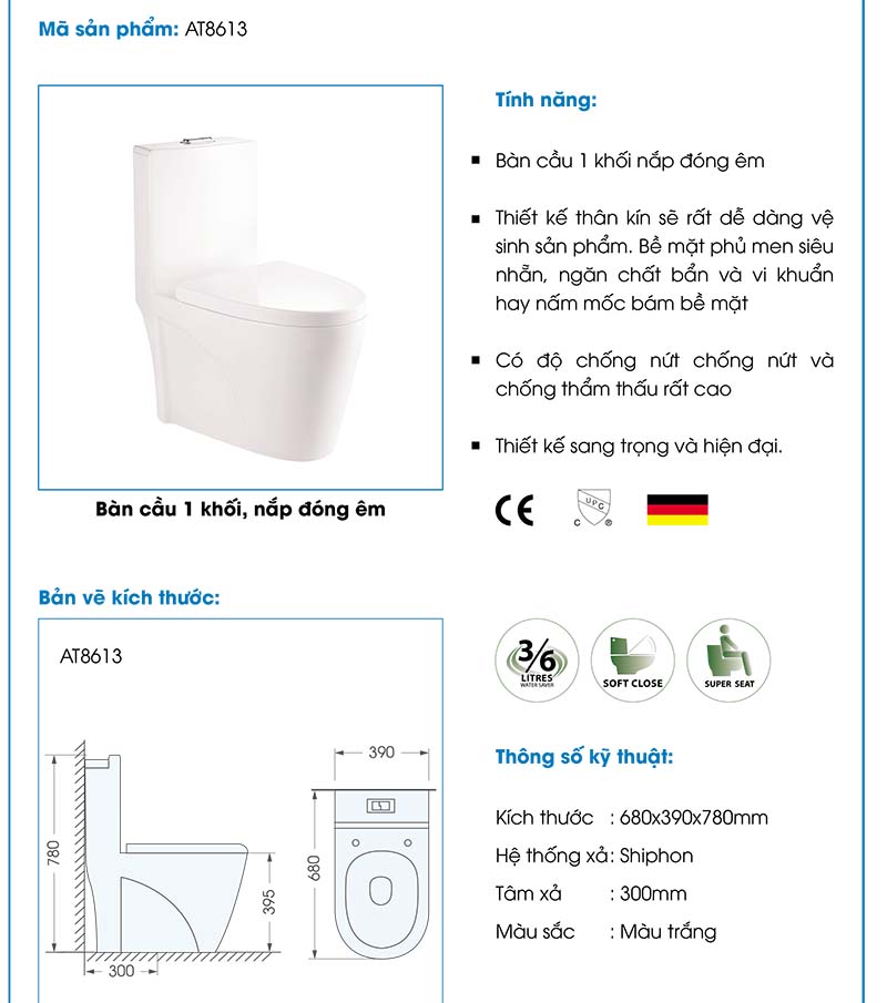 Bàn cầu 1 khối cao cấp ATMOR AT8613