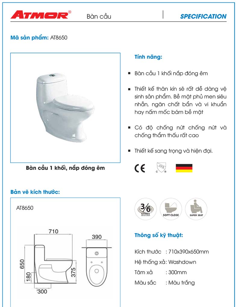 Bàn cầu 1 khối nhập khẩu ATMOR AT8650