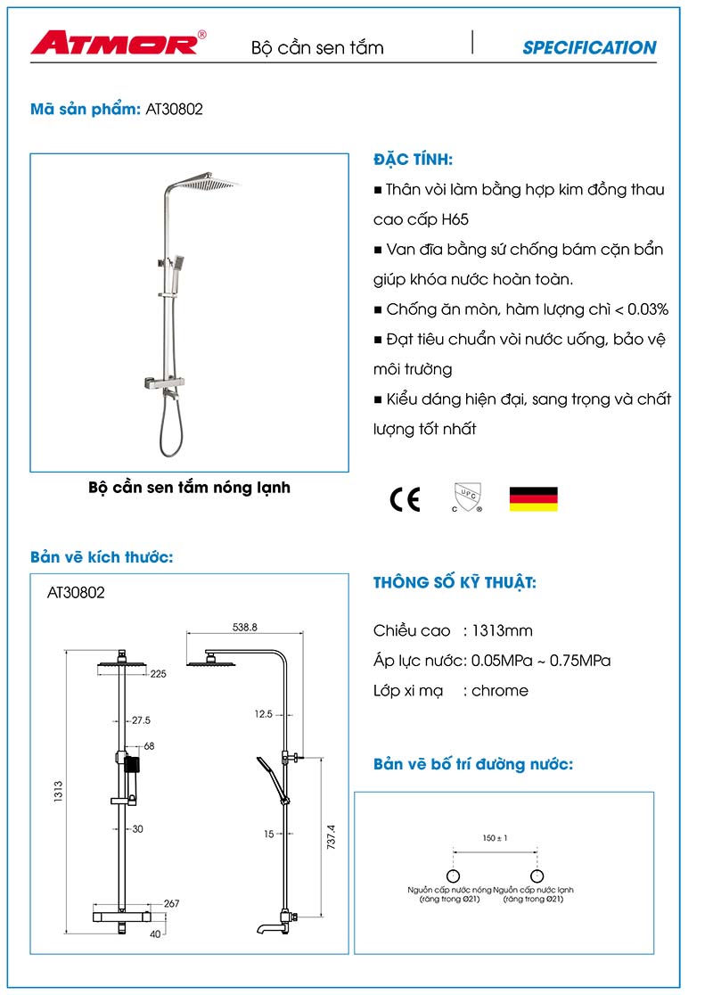 Bộ sen cây nóng lạnh nhập khẩu ATMOR AT30802
