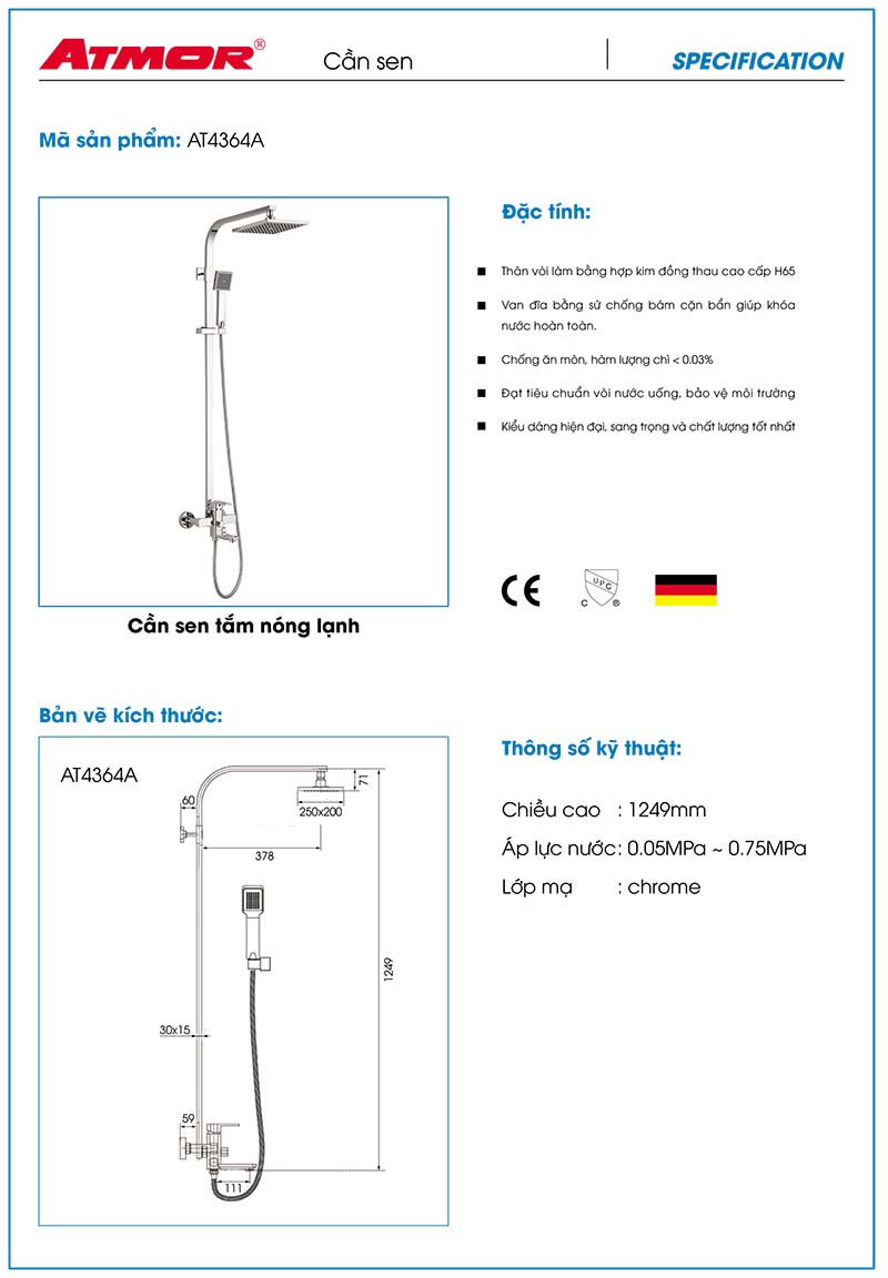 Sen cây vuông nóng lạnh cao cấp ATMOR AT4364A