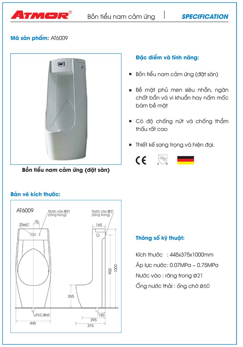 Bồn tiểu nam cảm ứng đặt sàn ATMOR AT6009