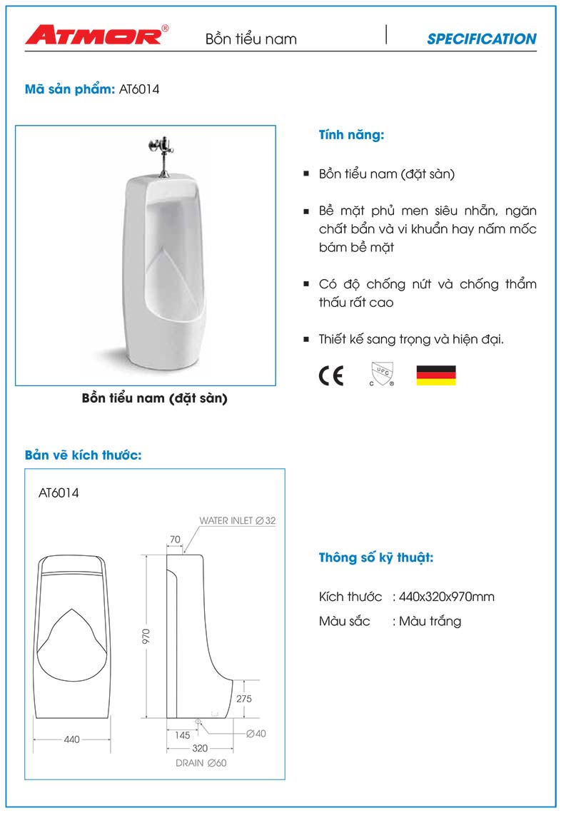 Bồn tiểu nam đặt sàn cao cấp ATMOR AT6014