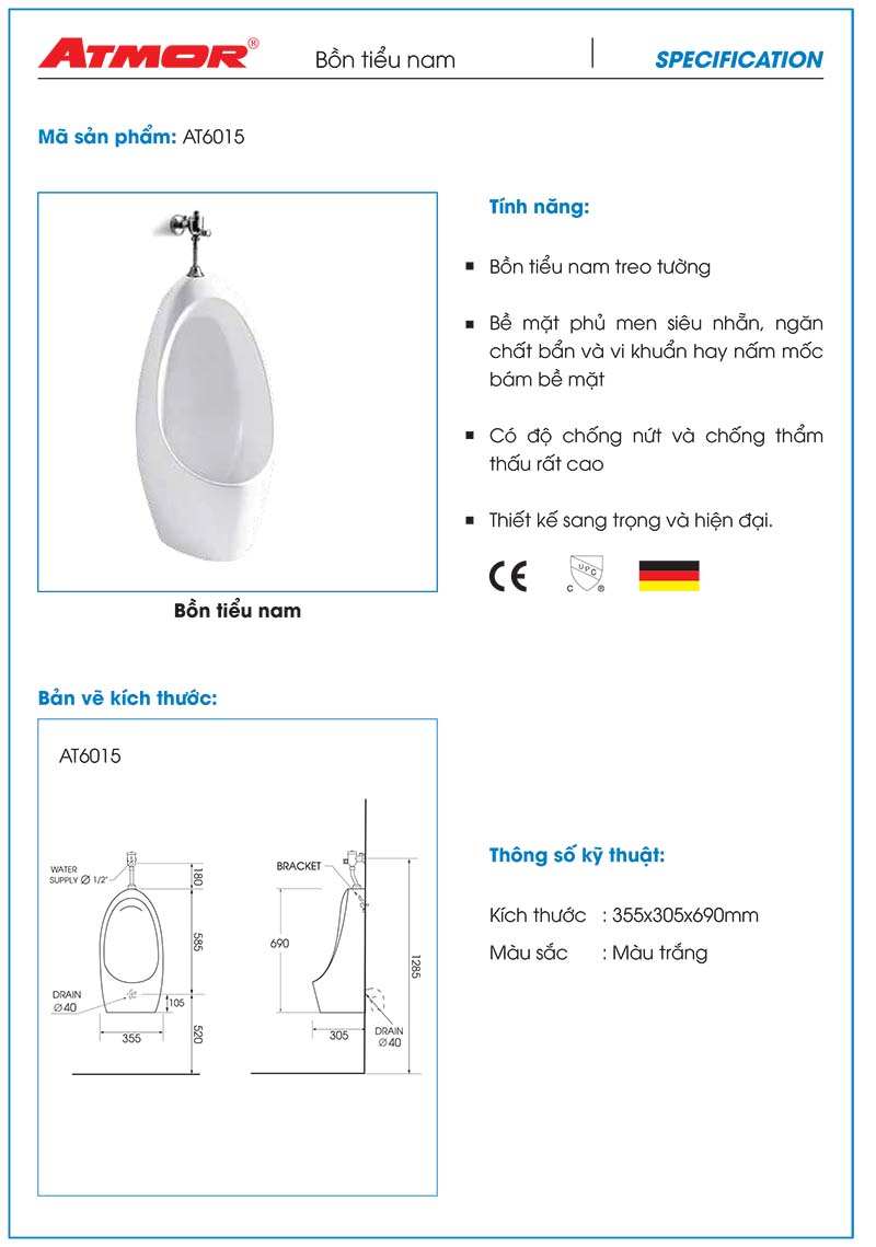 Bồn tiểu nam treo tường ATMOR AT6015