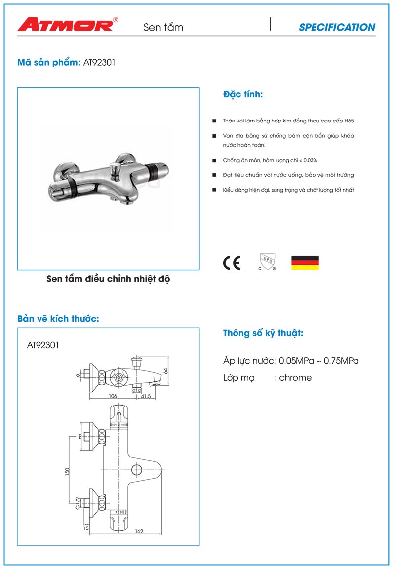 Bộ sen tắm nhiệt độ ATMOR AT92301