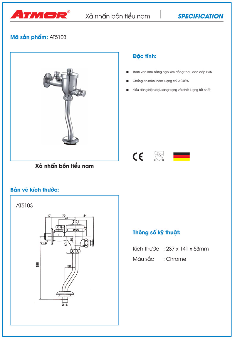 THÔNG SỐ KỸ THUẬT VAN XẢ TIỂU NAM ATMOR