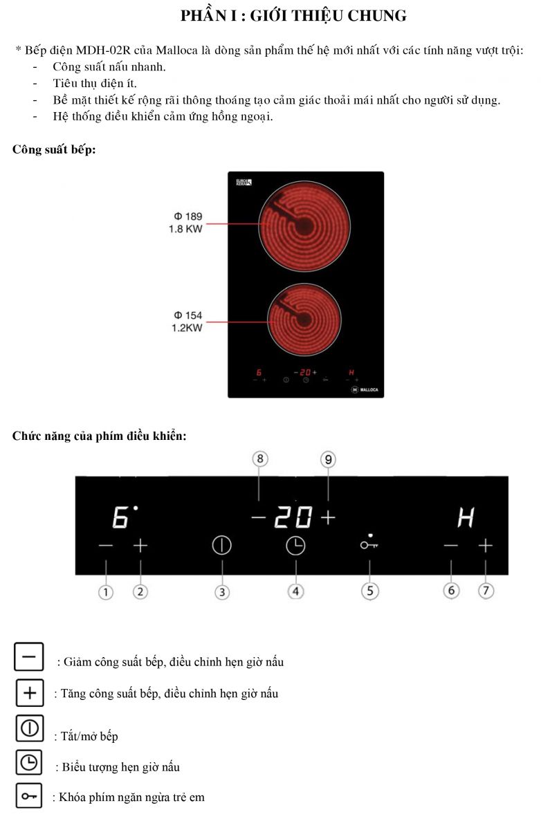 Bếp điện hồng ngoại dạng domino Malloca MDH-02R chi tiết