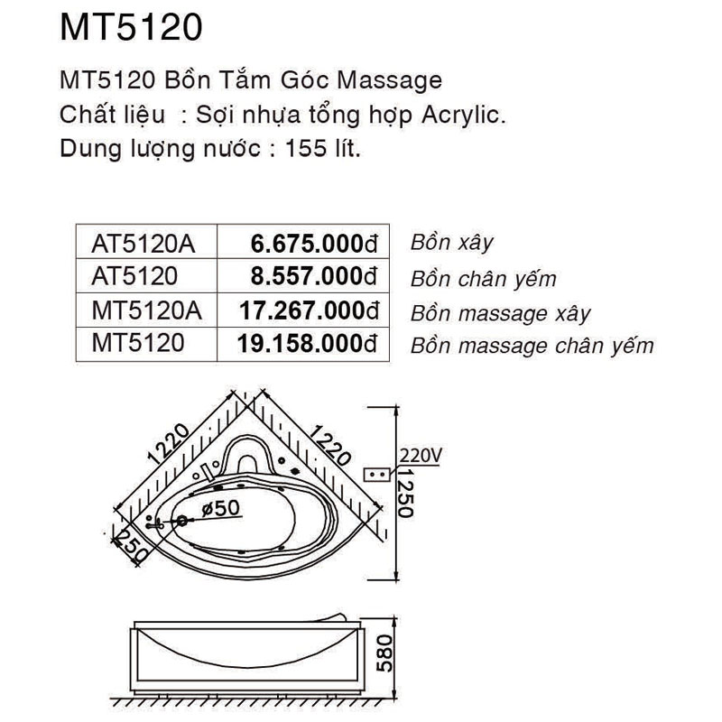 thông số kỹ thuật bồn tắm góc Caesar AT5120A