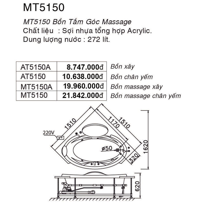 thông số kỹ thuật bồn tắm góc Caesar AT5150A