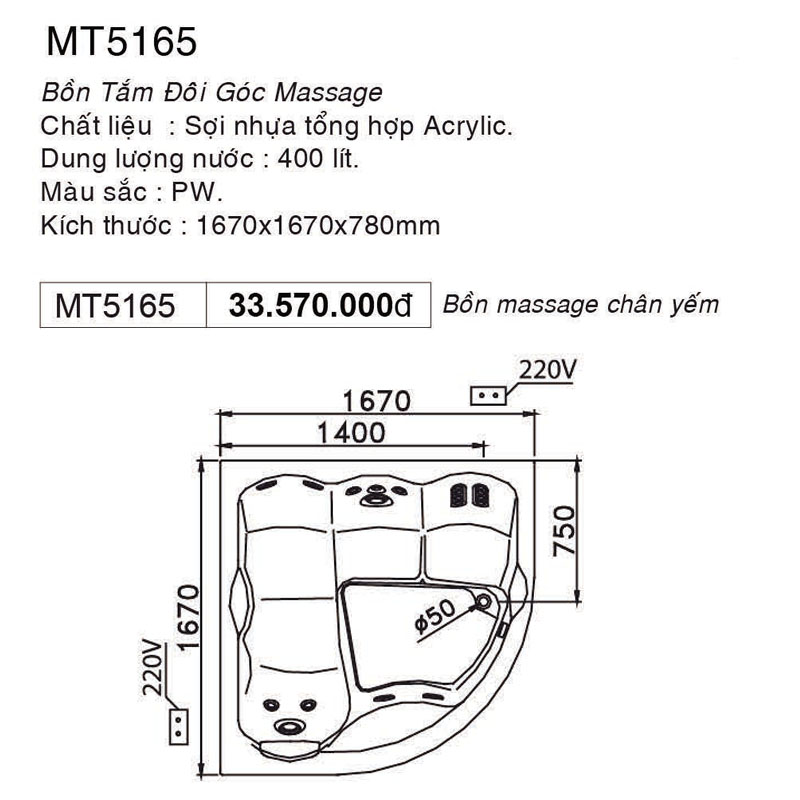 thông số kỹ thuật bồn tắm Caesar MT5156