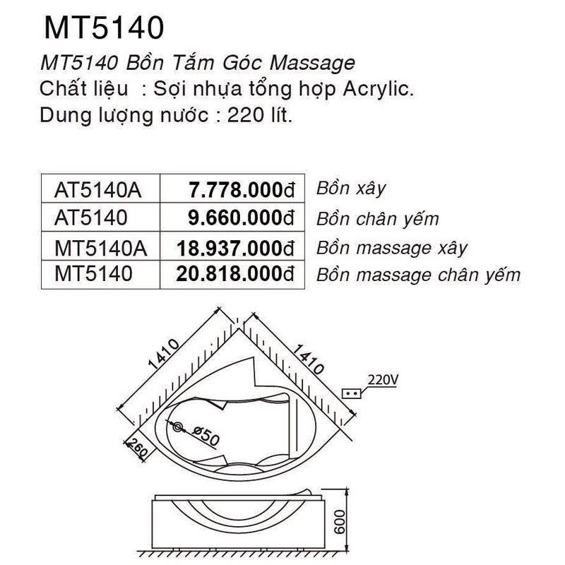 thông số kỹ thuật bồn tắm góc massage MT5140A