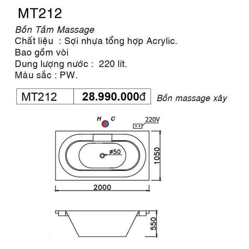 thông số kỹ thuật bồn tắm xây Caesar MT212