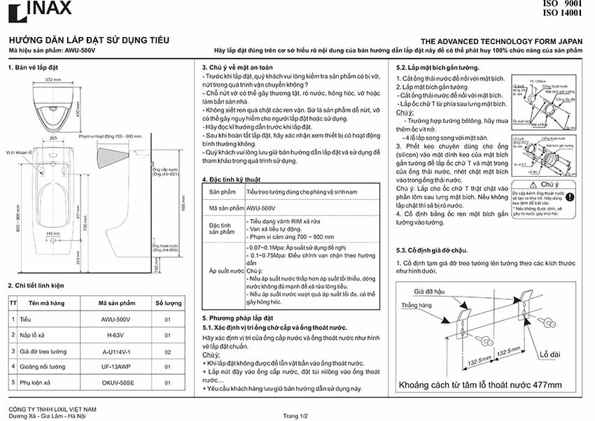 huong dan lap dat tieu nam inax AWU-500V
