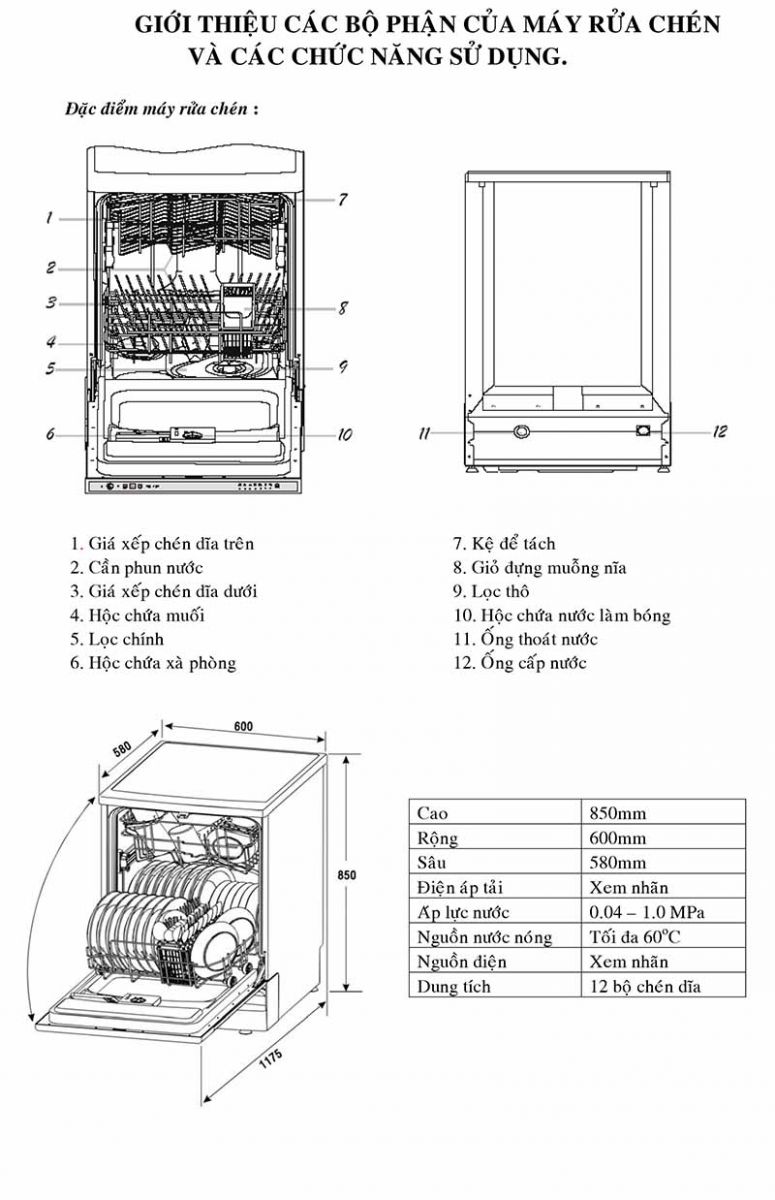 thông số kỹ thuật máy rửa chén malloca WQP12-9242A