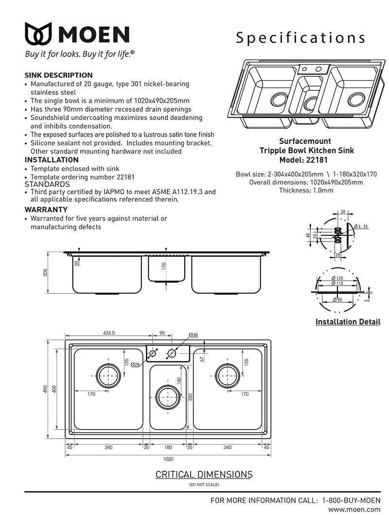 Thông số kỹ thuật chậu rửa chén 3 hộc MOEN