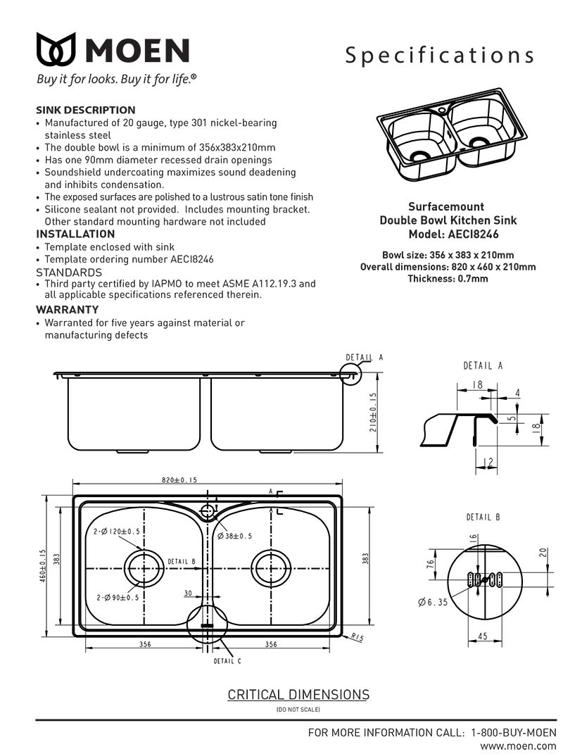 Thông sô kỹ thuật bồn rửa chén inox 2 hộc MOEN AECI8246