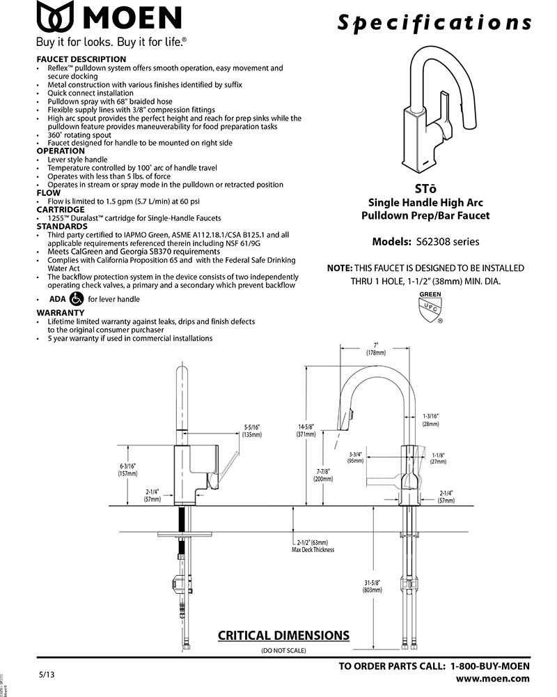 Vòi rửa bát nóng lạnh thân đen MOEN S62308BL