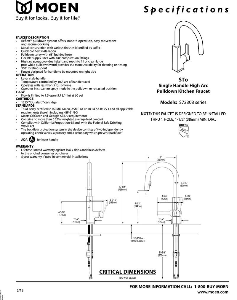 Vòi rửa chén thân đen cao cấp MOEN S72308BL