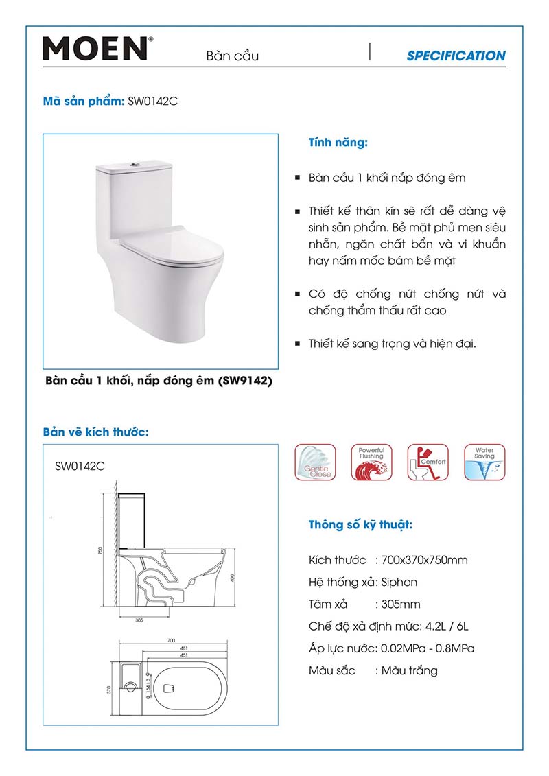 Bồn cầu 1 khối cao cấp MOEN SW0142C