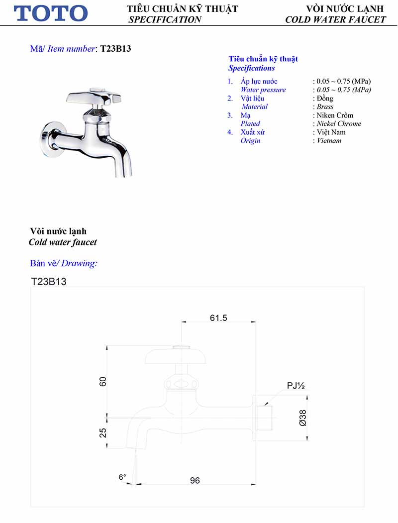 ban ve ky thuat voi lavabo lanh TOTO T2313B