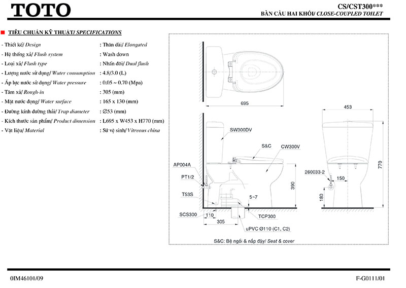 thông số kỹ thuật bồn cầu 2 khối TOTO CS300DRT3