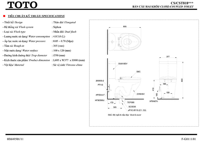 thông số kỹ thuật bồn cầu TOTO CS818DW7