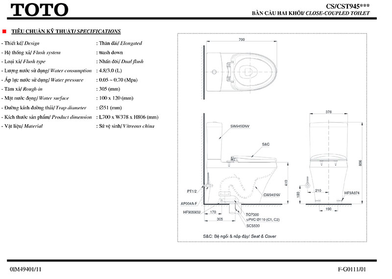 Thông số kỹ thuật bồn cầu 2 khối TOTO CS945DNT3