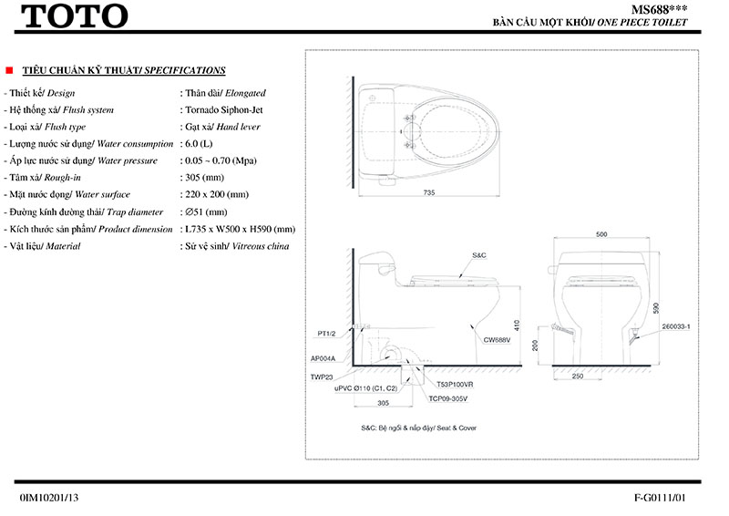 thông số kỹ thuật bồn cầu 1 khối TOTO MS688T2
