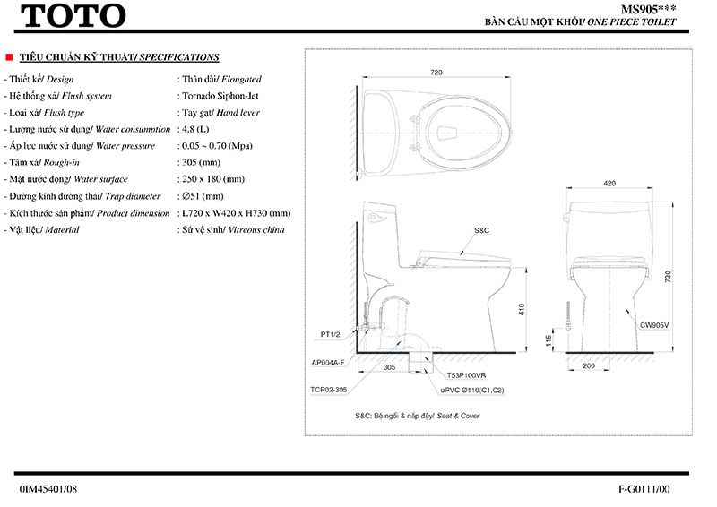 thông số kỹ thuật bồn cầu TOTO MS905T2