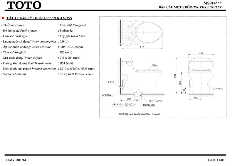 thông số kỹ thuật bồn cầu khối TOTO MS914T2