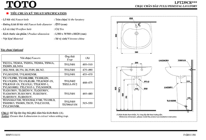 lavabo rửa mặt chân đứng TOTO LPT239CR
