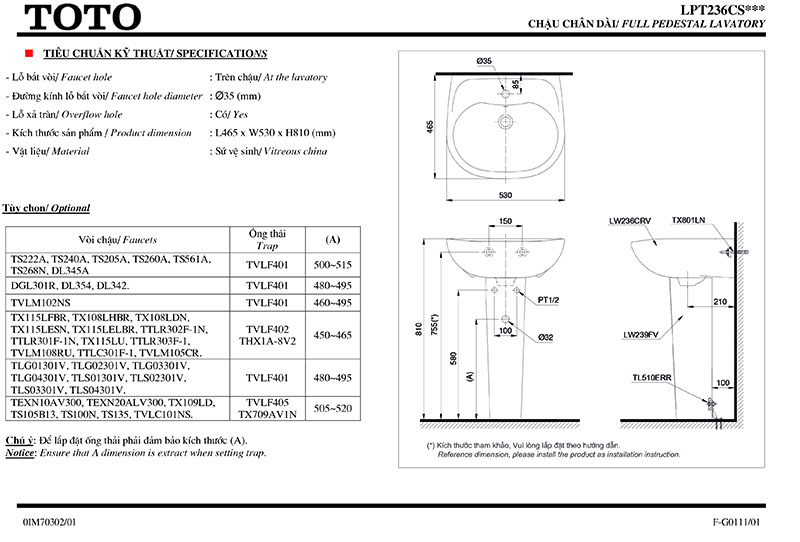 Thông số kỹ thuật lavabo chân dài TOTO LPT236CS