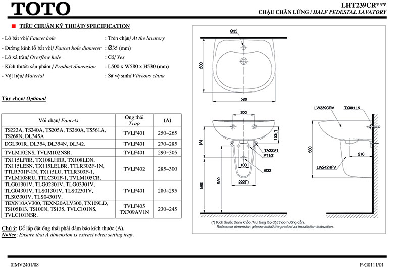 thông số kỹ thuật bồn rửa mặt chân lửng TOTO LHT239CS