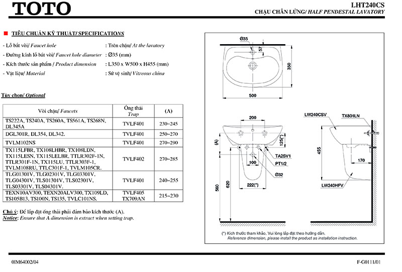 bản vẽ kỹ thuật lavabo chân lửng TOTO LHT240CS