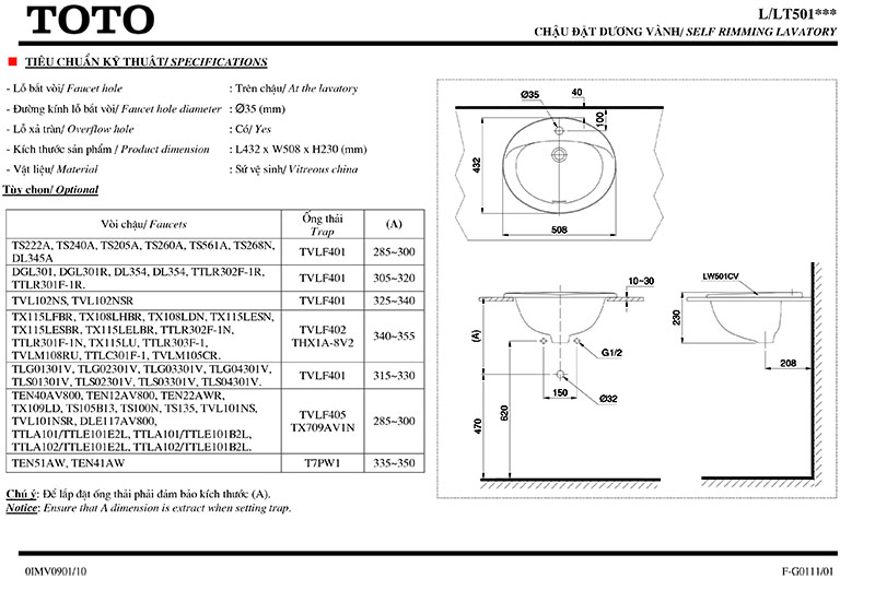 chậu lavabo đặt dương vành TOTO L501C