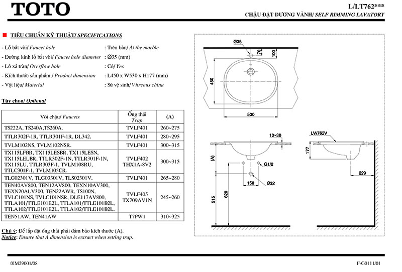 thông số kỹ thuật lavabo dương vành TOTO L762