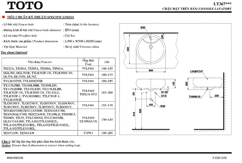 thông số kỹ thuật lavabo đặt bàn TOTO LT367CR