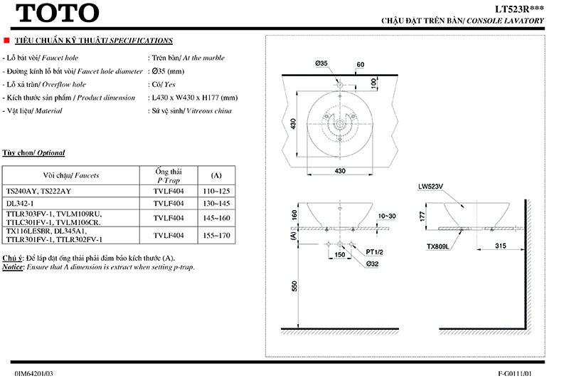 thông số kỹ thuật lavabo đặt bàn TOTO LT523R