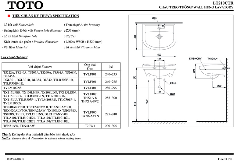 thông số kỹ thuật lavabo treo tường TOTO LT210CTR