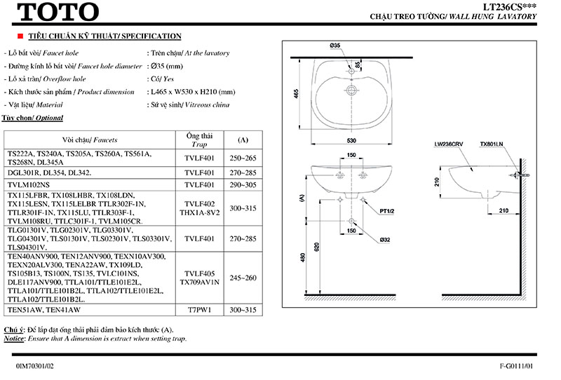 thông số kỹ thuật chậu lavabo toto LT236CS