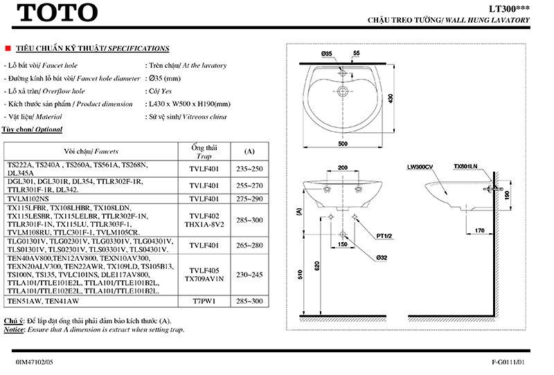 Thông số kỹ thuật lavabo TOTO LT35C